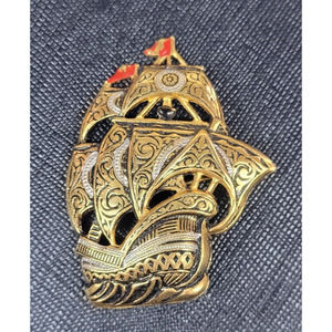 Vintage Damascene Spanish Sail Boat Ship Pin‎ Brooch Signed Spain